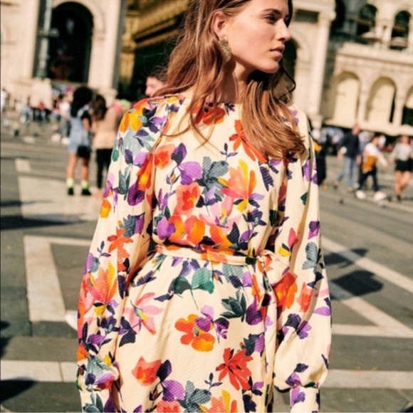 NWT SEZANE Erell Silk Long Sleeve Mini Dress in Floral Multicolored Print US 2 - Picture 3 of 12